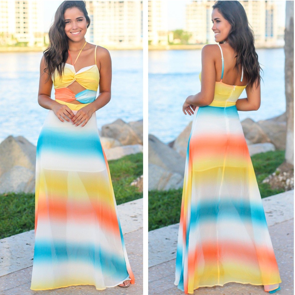 L’atiste Dip Tie Dye Cut Out White Blue Yellow‎ Stripe Maxi Dress Small